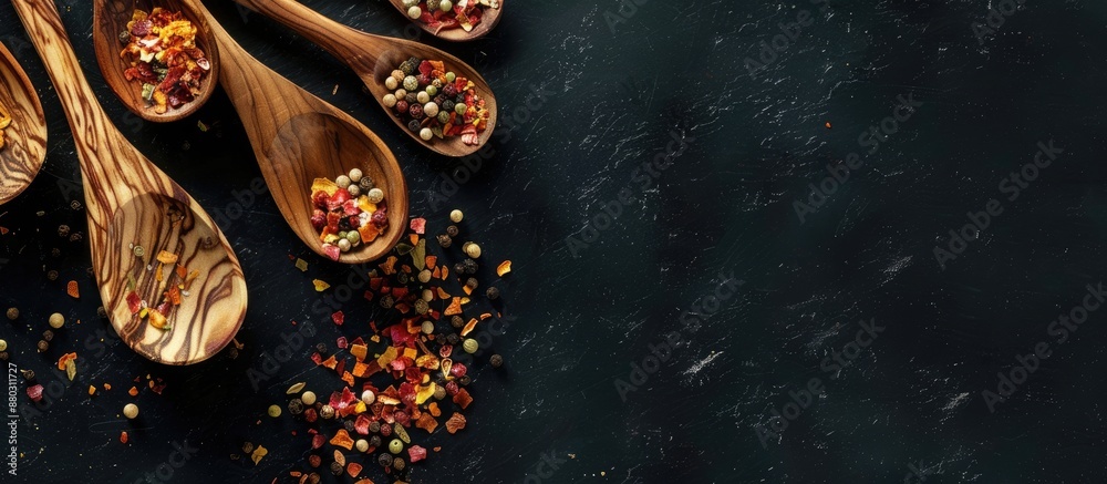 Poster Top view of wooden spoons filled with dry spices on a black background with room for a copy space image.
