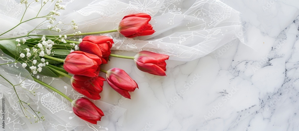 Poster top view of a red tulip bouquet with lace on a white table, providing copy space image.