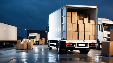 A white semi-truck is parked in a loading dock at night with its doors open revealing a full load of boxes. The truck is facing away from the camera and parked beside another semi-truck