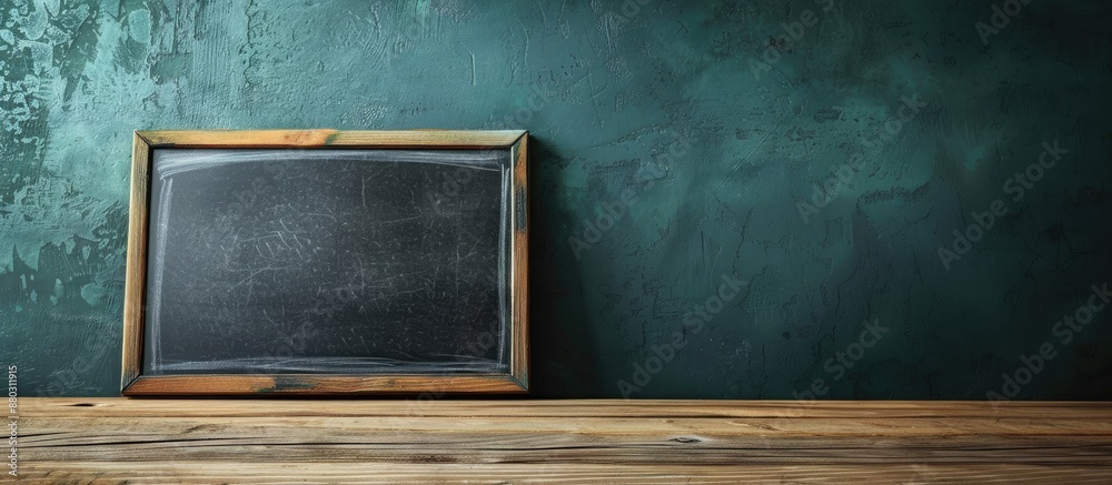 Poster black chalkboard on a wooden table with copy space image.