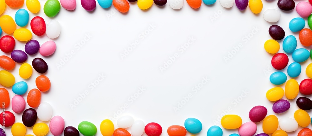 Poster Colorful candy pebbles arranged in a frame with a white copy space image in the center.