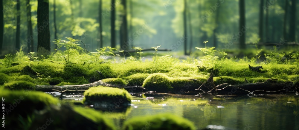 Poster scenic view featuring dense green vegetation, moss, and grass in a swamp setting, with a blurred bac