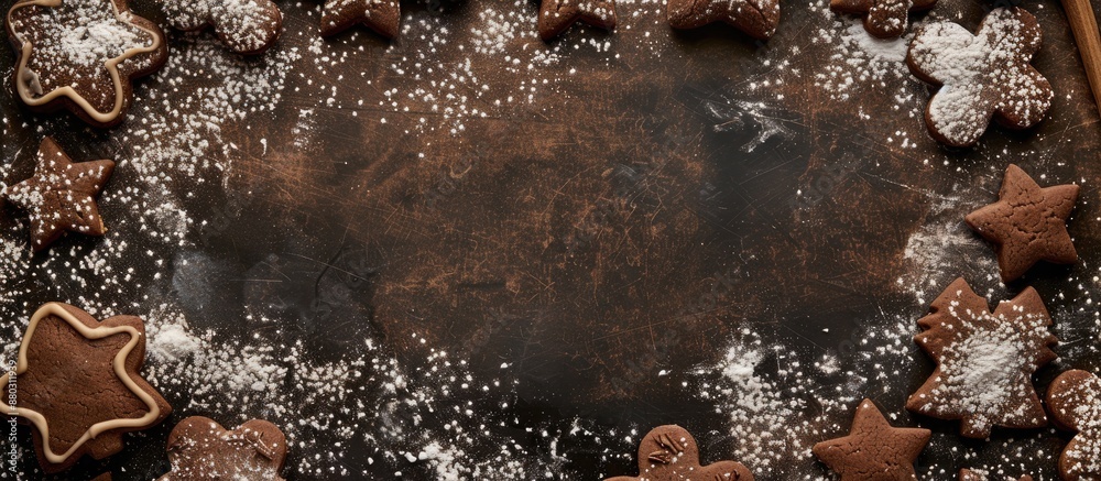 Poster Top view of a frame of flour with Christmas cookie baking shapes on a dark background. Christmas food concept with a flat lay composition including copy space image.