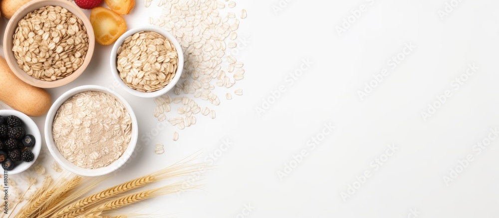 Poster top view of raw and vegan oats presented on a white background for a brunch, creating a natural food