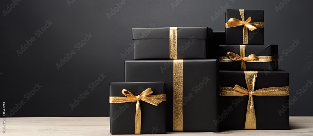 Poster Assorted black gift boxes of different sizes stacked together, creating a festive Christmas-themed arrangement with empty space for text or graphics