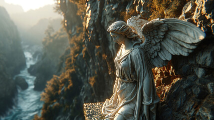 Fototapeta premium Beautiful Angel Statue With Wings In The Rocky And Foggy Mountains On Blurry Background