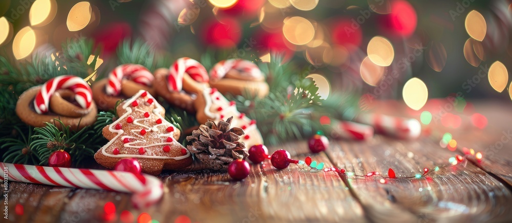 Poster christmas gingerbread cookies with decorations like fir tree, pine cone, and candy cane on a wooden 