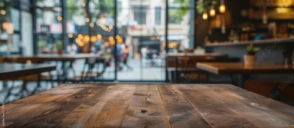 Leinwandbilder a brown table with an empty surface is the focal point of the shot with a blurred coffee shop backgr