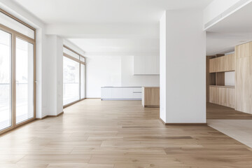Fototapeta premium Empty room in a property with plain natural lighting and copy space. Residential Real Estate mockup composition with minimal furniture.