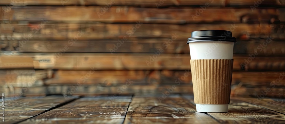Poster coffee to-go cup placed on wooden surface with room for text or advertisement in the background.