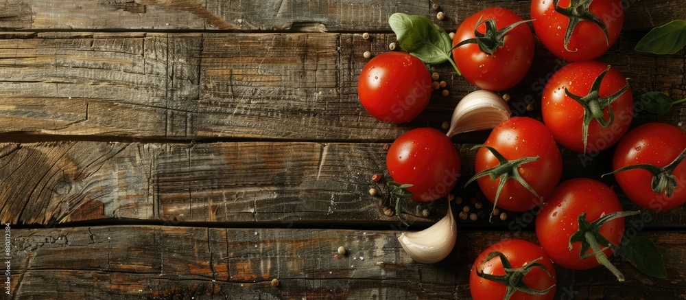Poster fresh tomatoes and garlic arranged on a wooden surface, viewed from above with a copy space image av