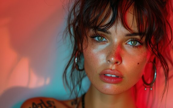 A woman with green eyes and red hair is wearing a pair of silver earrings. She has a tattoo on her arm and a necklace around her neck. The image has a warm, inviting mood - Powered by Adobe