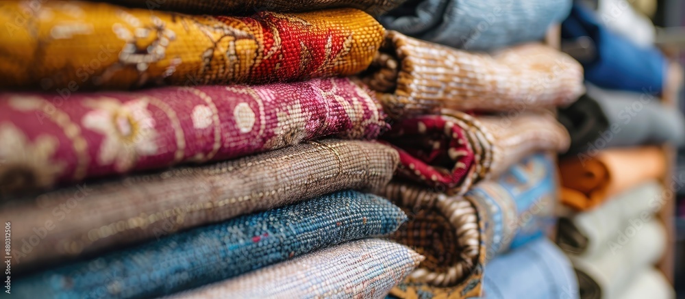 Poster Close-up image displaying various colored cloth and fabric samples at a market stall with copy space image.