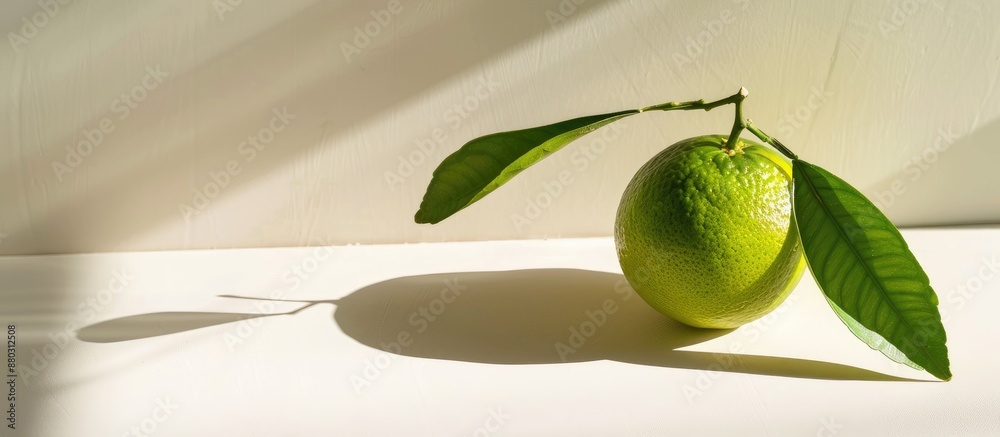 Poster Design concept with a green raw tangerine isolated on a white backdrop featuring shadows and a soft focus, ideal for copy space image.