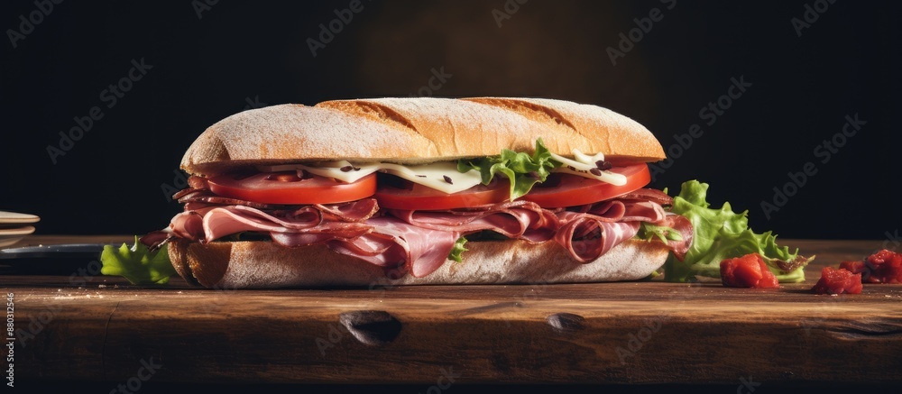 Poster Rustic background with copy space image showcasing a classic jamon sandwich.