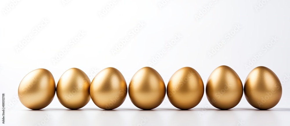 Poster minimal easter concept with a pattern composition of golden eggs on a white background, ideal for a 