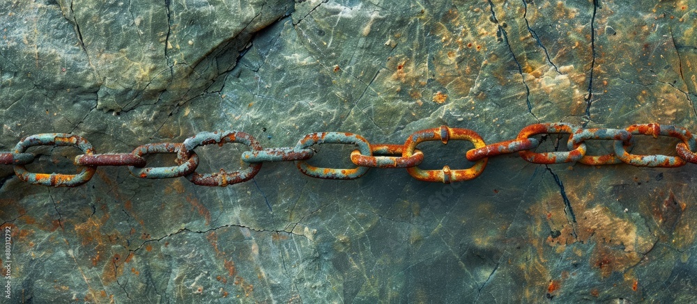 Poster rusty chain accentuates copy space image on granite.