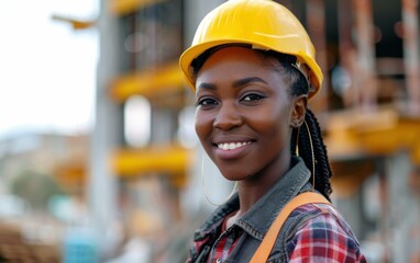 A woman wearing a yellow hard hat and a plaid shirt is smiling. She is posing for a picture