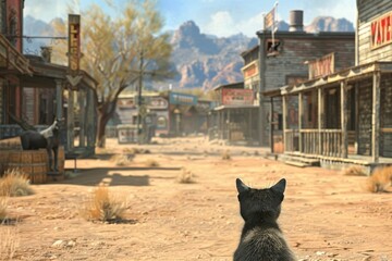 Obraz premium Wild West Cat-Ear Gunslinger in Desert Town Wanted for Duel at Noon.