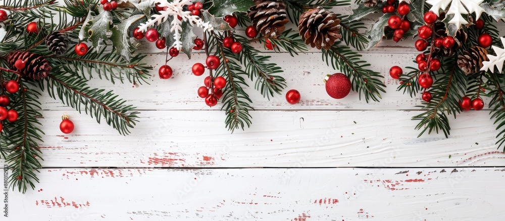 Aufkleber a festive arrangement for christmas and new year displayed on a white wooden backdrop with room for 