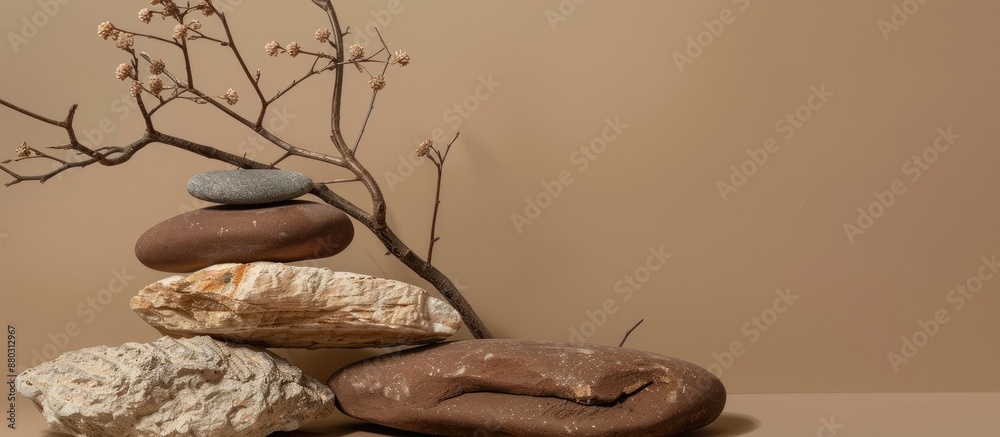 Poster brown rough stones arranged to create a podium with dry tree snags on a soft pastel backdrop can ser
