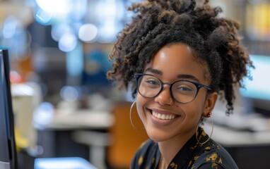 A woman with curly hair and glasses is smiling at the camera. She is wearing a black and yellow shirt and a gold hoop earring