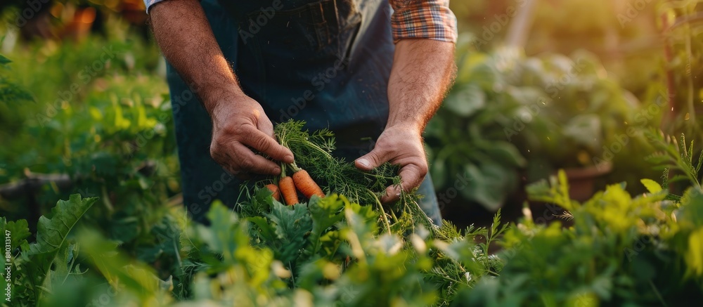Poster a man farmer is gathering carrots in a garden with selective focus, presenting an image with copy sp