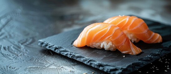 Japanese food - salmon sushi with a copy space image.