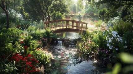 Fototapeta premium A picturesque garden featuring a small wooden bridge over a bubbling brook, surrounded by lush greenery and wildflowers.