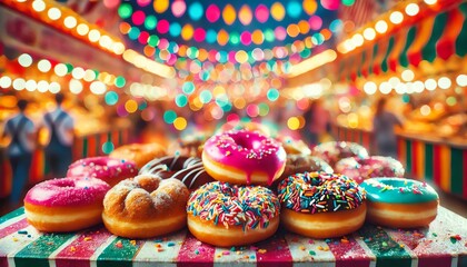 Obraz premium A vibrant, colorful scene at a fair or carnival featuring close-up shots of various flavored donuts