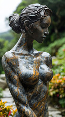 Obraz premium A Beautiful Girl Figure Stoneware Garden Sculpture On Blurred Background