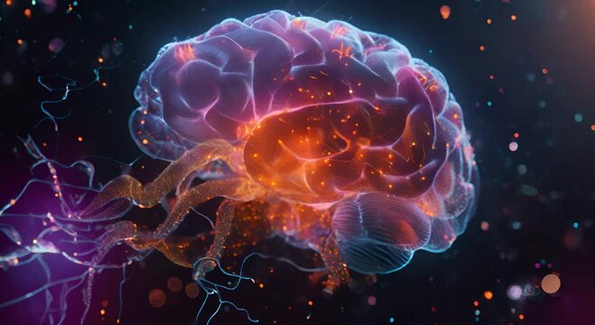 human brain with active neural connections, displaying vivid colors and detailed structures Ideal for use in scientific research, healthcare materials, and educational resources