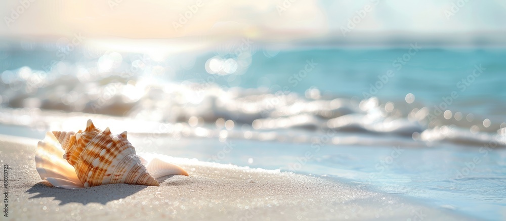 Aufkleber a seashell resting on the sandy beach with a tranquil ocean backdrop in a serene setting, ideal for 
