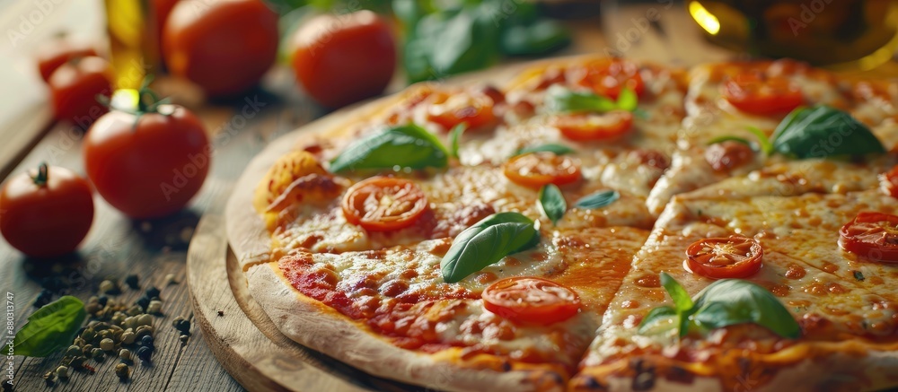 Poster italian pizza with cheese and vegetables on a table, displayed in a mouthwatering copy space image.