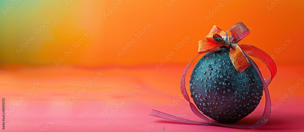 Poster a decorative christmas ball with a ribbon bow on a colorful background, presenting a copy space imag