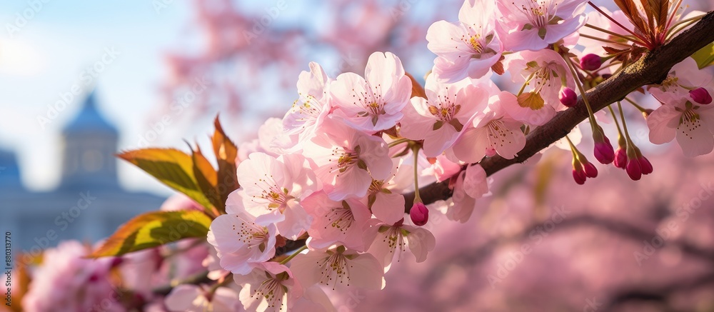 Poster in the spring, a stunning cherry blossom tree blooms in a castle park, offering a close-up, macro vi