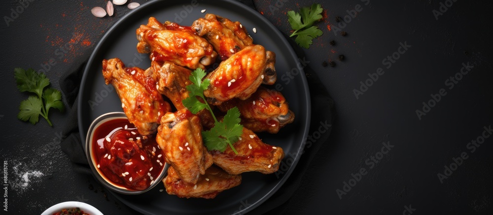 Aufkleber top view of spicy chicken wings with ketchup on a dark plate against a slate or concrete background,