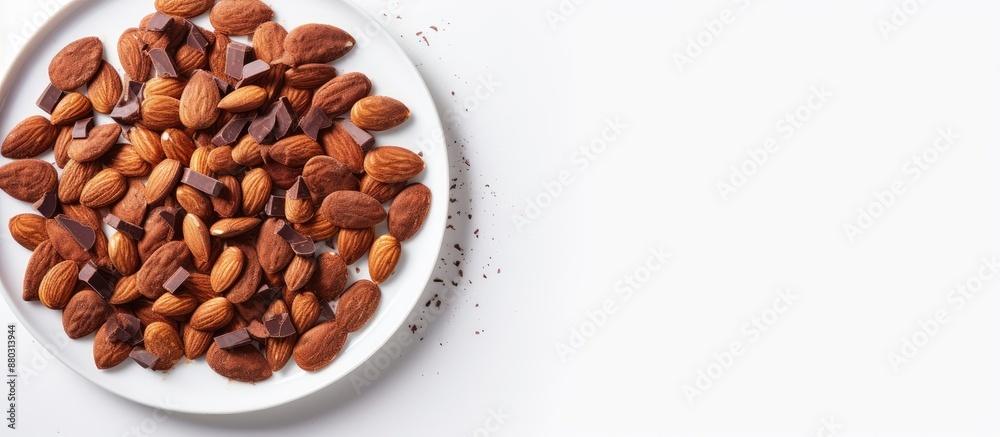 Poster top view of chocolate almond thin chips on a plate against a white background with copy space image.
