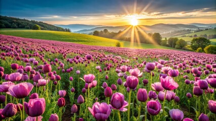 Vibrant purple Papaver somniferum flowers blanket the rolling hills of a serene, sun-kissed landscape in a breathtaking aerial perspective.