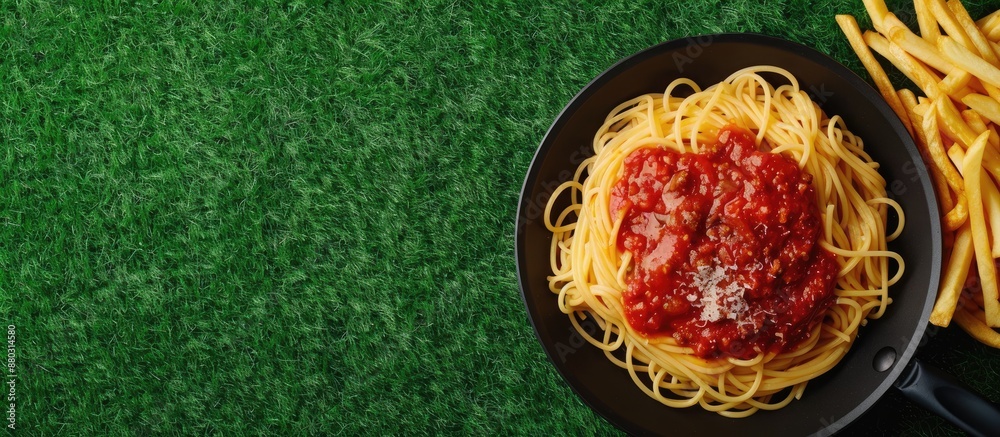 Aufkleber An image showing spaghetti with pork tomato sauce and French fries on a pan placed on artificial grass, ideal as a menu background with space for text.