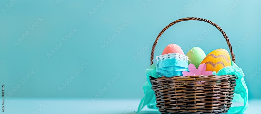 Poster minimal concept easter with a basket containing colorful eggs, one having a protective mask, set aga