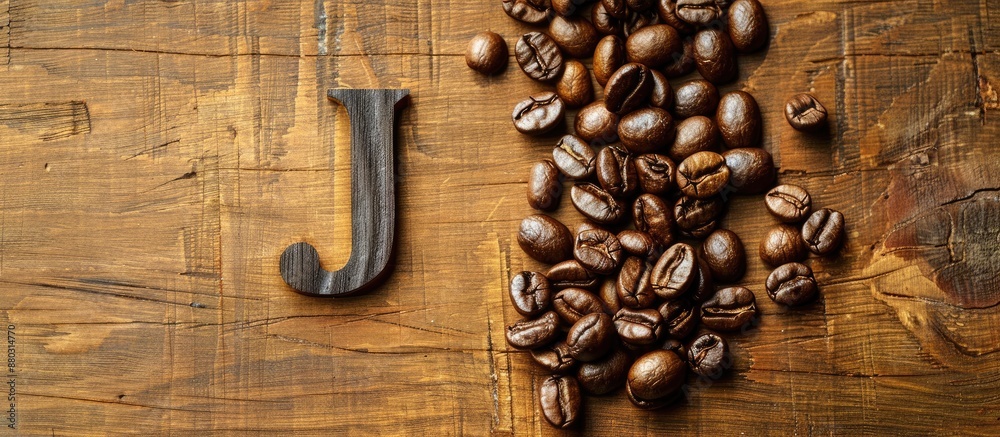 Aufkleber coffee beans placed on a wooden table forming the letter j with a background ideal for copy space im