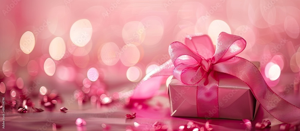 Aufkleber Image of a pink ribbon conveying love, with a present, against a backdrop that allows for space to add additional elements (copy space image).