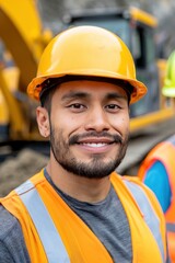 two smiling heavy equipment driving workers sitting next to each other in front of an orange machine on a construction site