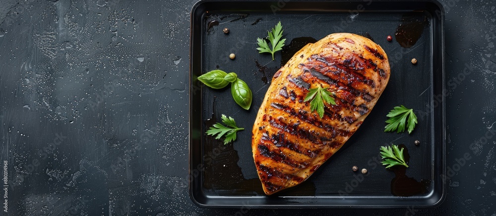 Aufkleber a view from above of a grilled chicken breast presented on a sleek black tray with ample copy space 