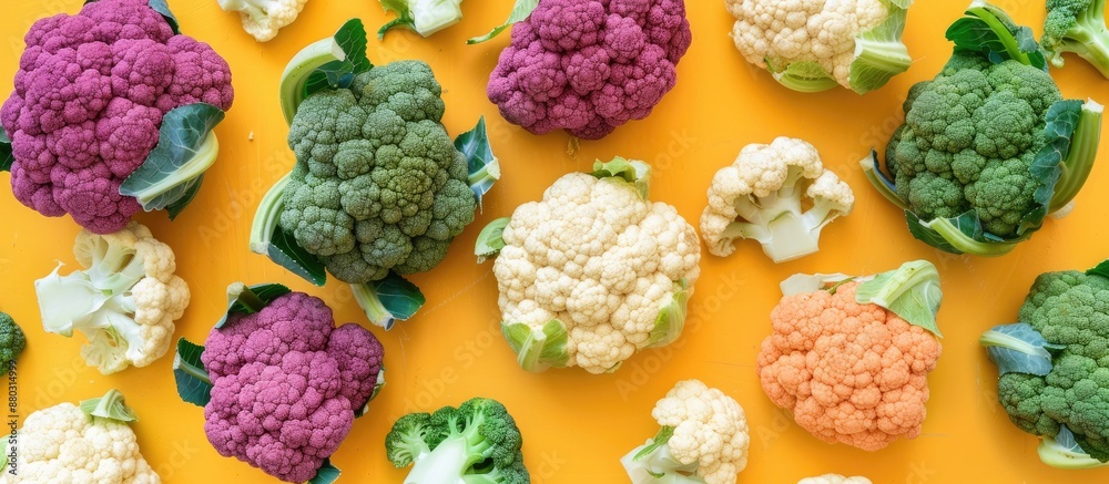 Poster Top view of colorful cauliflower in macro texture against a yellow background for an agricultural harvest theme with simulation for use as a copy space image.