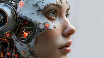 A person wearing a robot head, focus on the robotic features