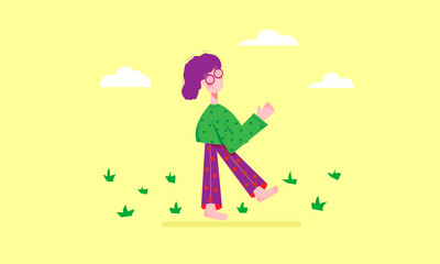 Happy funny girl on a yellow background in summer in a bright look. Vector illustration.