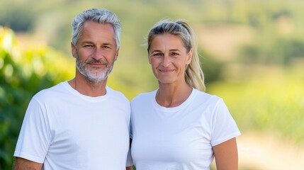 A happy middle-aged couple wearing white t-shirts standing outdoors in nature at sunset, smiling and looking at the camera.