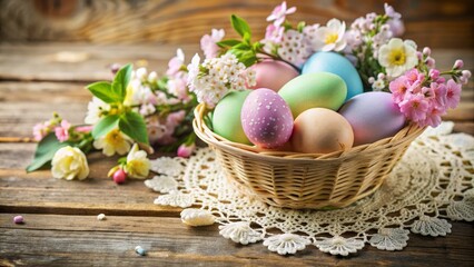 Vibrant pastel-colored Easter eggs nestled among blooming spring flowers in a delicate, lace-trimmed basket on a rustic wooden table.